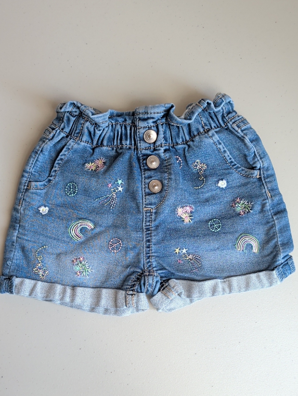 wonder nation Blue Denim Shorts with Rainbow & Star Embroidery